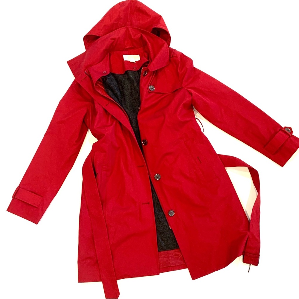 Michael Kors Red Hooded Belted Trench Coat